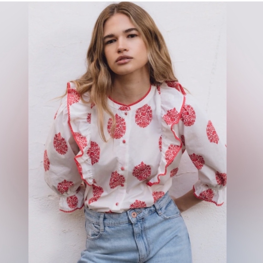 SONMER Jo blouse pink White Red Floral Ruffle Sleeve Button Up Size M